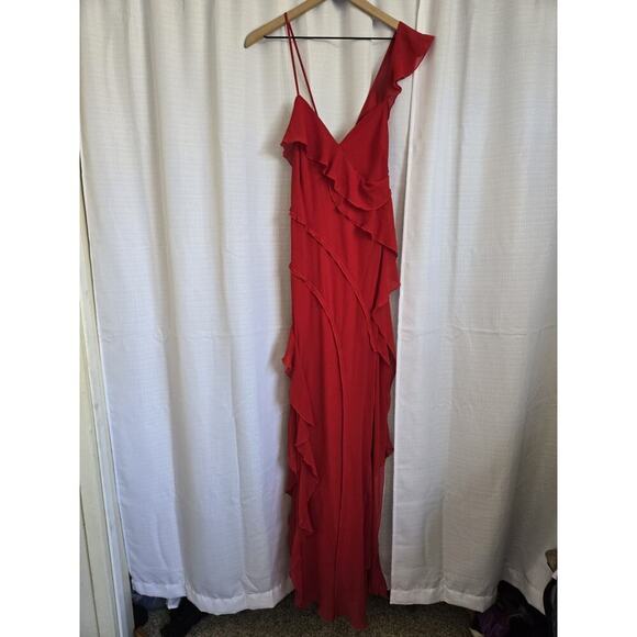 Davids Bridal Womens Size 11 Red Ruffle Chiffon Gown Bold Romantic Feminine Gala - Picture 2 of 9